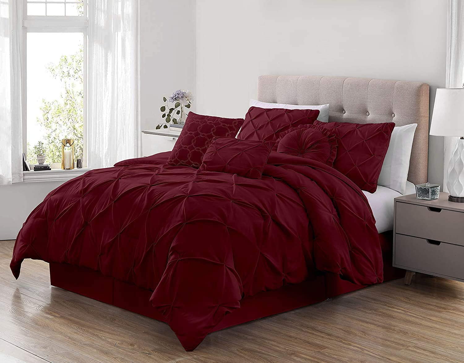 Chezmoi Collection Sydney 7-Piece Pinch Pleat Comforter Set, Lightweight Pintuck Bedding for All Season, King, Burgundy