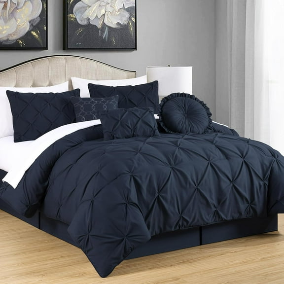 Chezmoi Collection Sydney 7-Piece Pinch Pleat Comforter Set, Lightweight Pintuck Bedding for All Season, King, Midnight Blue