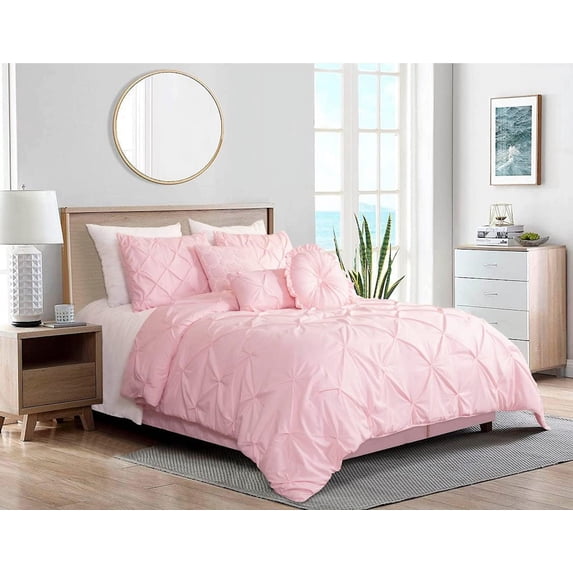 Chezmoi Collection Sydney 7-Piece Pinch Pleat Comforter Set, Lightweight Pintuck Bedding for All Season, King, Pink