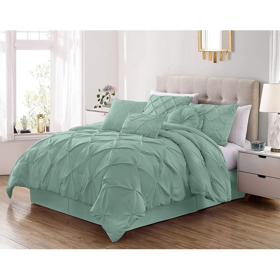 Chezmoi Collection Sydney 7-Piece Pinch Pleat Comforter Set, Lightweight Pintuck Bedding for All Season, King, Seafoam Green