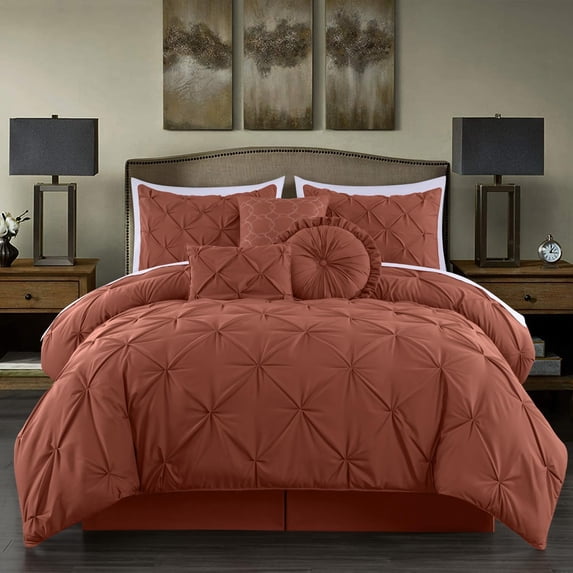 Chezmoi Collection Sydney 7-Piece Pinch Pleat Comforter Set, Lightweight Pintuck Bedding for All Season, King, Terracotta