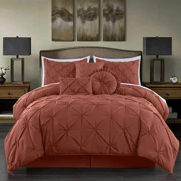 Chezmoi Collection Sydney 7-Piece Pinch Pleat Comforter Set, Lightweight Pintuck Bedding for All Season, King, Terracotta