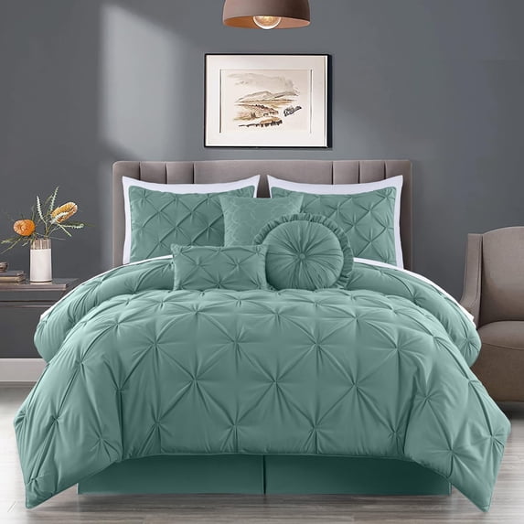 Chezmoi Collection Sydney 7-Piece Pinch Pleat Comforter Set, Lightweight Pintuck Bedding for All Season, Queen, Spa Blue