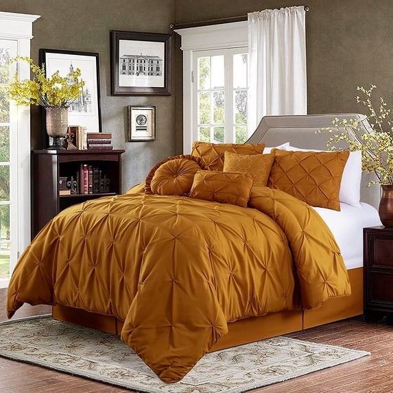 Chezmoi Collection Sydney 7-Piece Pinch Pleat Comforter Set, Lightweight Pintuck Bedding for All Season, California King, Spice