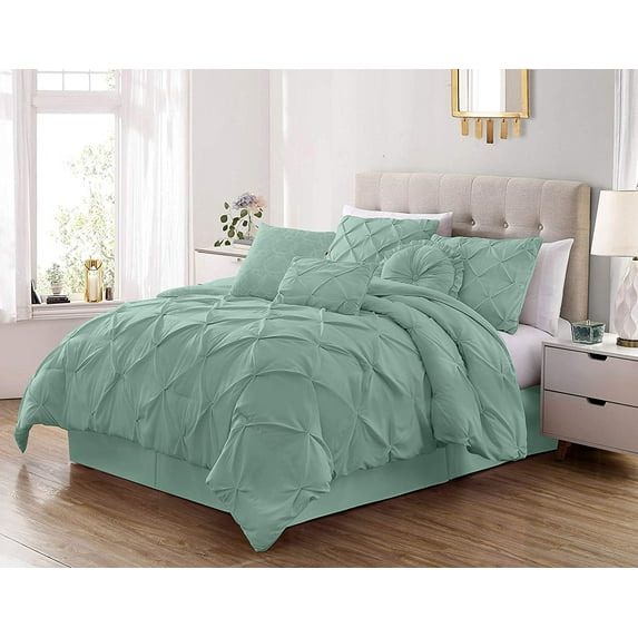Chezmoi Collection Sydney 7-Piece Pinch Pleat Comforter Set, Lightweight Pintuck Bedding for All Season, Full, Seafoam Green