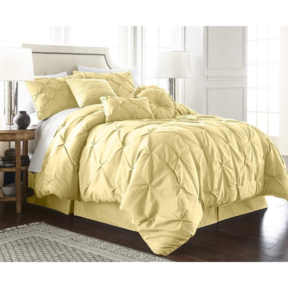 Chezmoi Collection Sydney 7-Piece Pinch Pleat Comforter Set, Lightweight Pintuck Bedding for All Season, King, Yellow