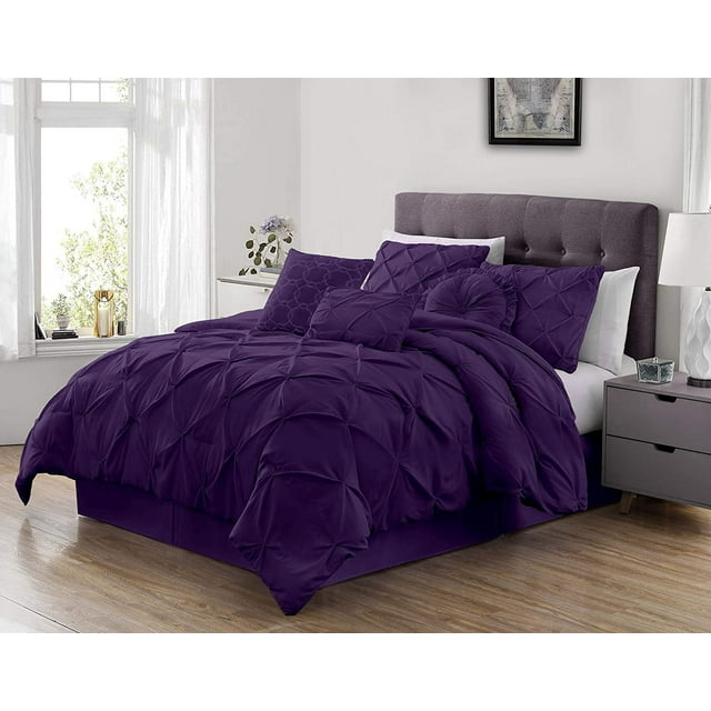Chezmoi Collection Sydney 7-Piece Pintuck Comforter Set, Queen, Purple