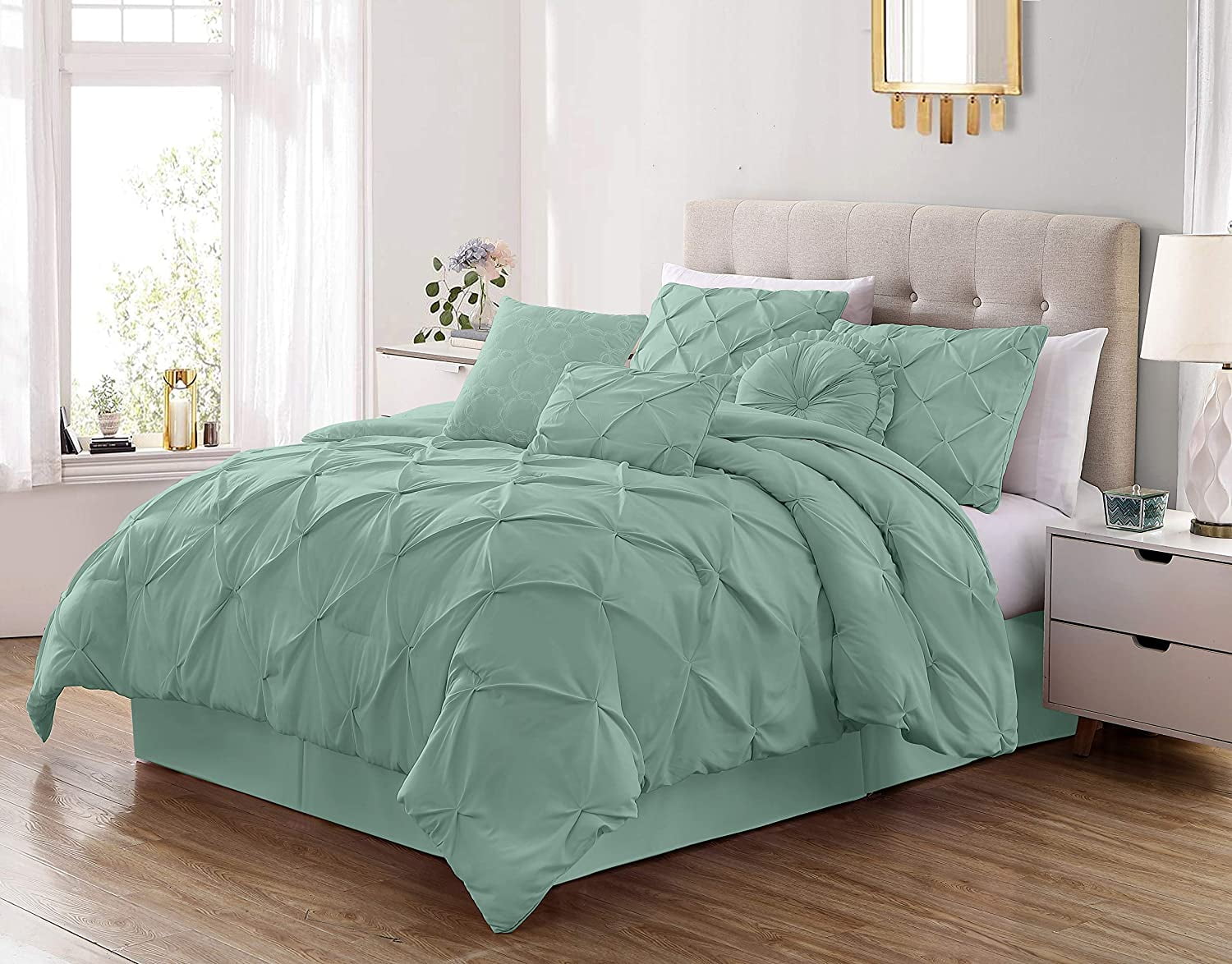 Chezmoi Collection Sydney 7Piece Pintuck Comforter Set, Queen, Seafoam