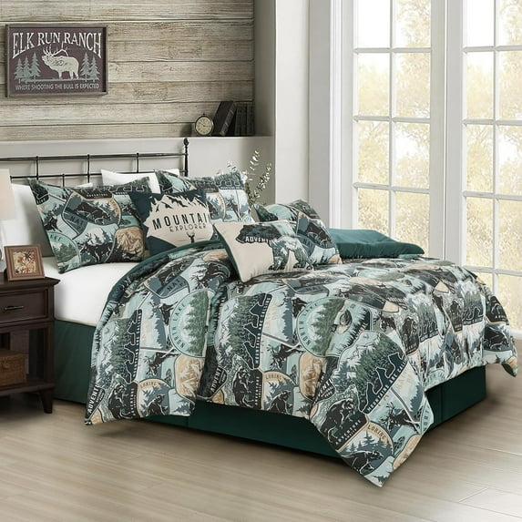 Chezmoi Collection Tahoe 7-Piece North Lake Motif Comforter Set, Multicolor Blue Green Brown Black Printed Washed Cabin Lodge Microfiber Bedding, Queen