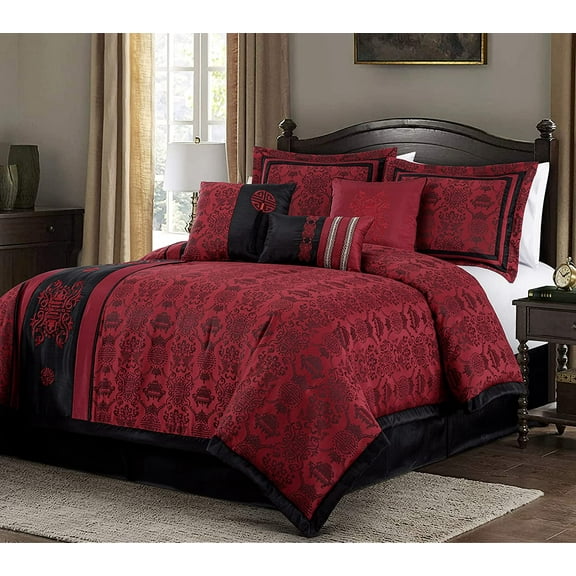 Chezmoi Collection Tai 7-Piece Red Black Oriental Traditional Jacquard Comforter Set, California King Size