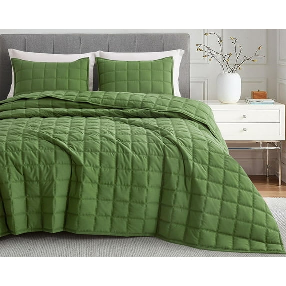 Chezmoi Collection Tencel Modal Blend Quilt Set King Size, Forest Green, Lightweight Soft Bedspread Detailed Square Stitched Quilt for All Seasons, 3-Piece