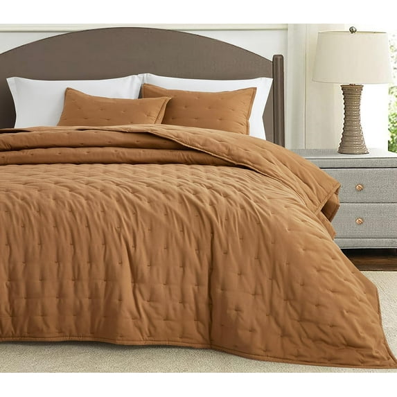 Chezmoi Collection Tencel Modal Blend Quilt Set King Size, Terracotta, Lightweight Soft Bedspread Crescent Stitched Quilt for All Seasons, 3-Piece