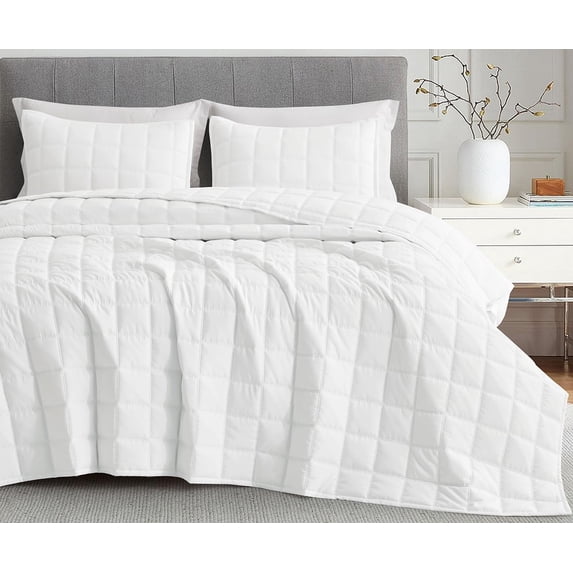 Chezmoi Collection Tencel Modal Blend Quilt Set Queen Size, White, Lightweight Soft Bedspread Detailed Square Stitched Quilt for All Seasons, 3-Piece