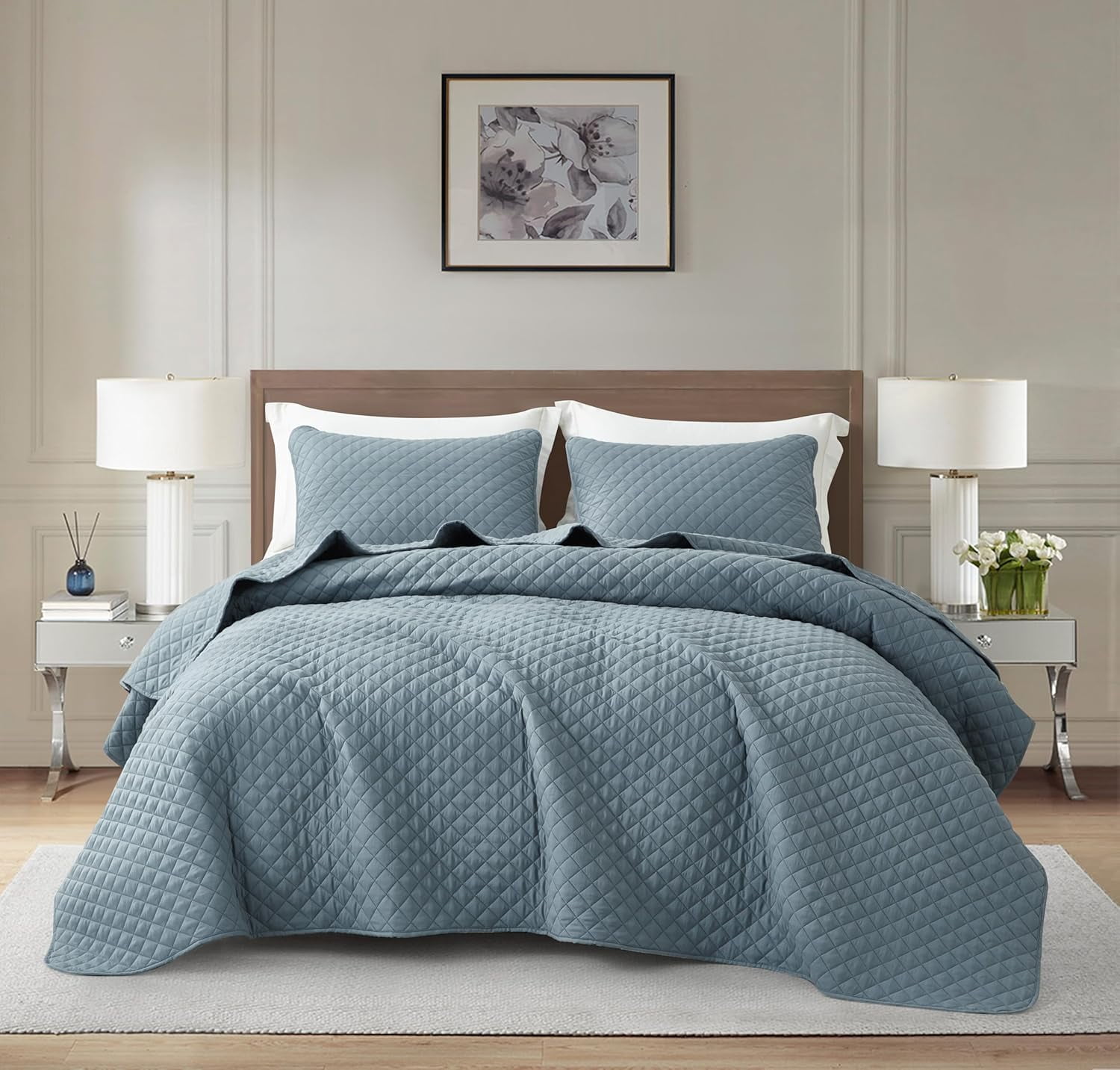 Chezmoi Collection Teo 3-Piece Dusty Blue King Size Quilt Set - Diamond Stitched Lightweight Microfiber Bedspread Set Bedspread Set for All Seasons