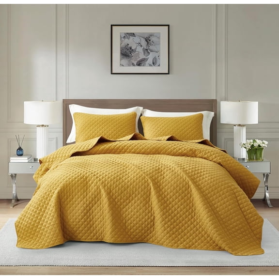 Chezmoi Collection Teo 3-Piece Mustard Yellow Queen Size Quilt Set - Diamond Stitched Lightweight Microfiber Bedspread Set Bedspread Set for All Seasons