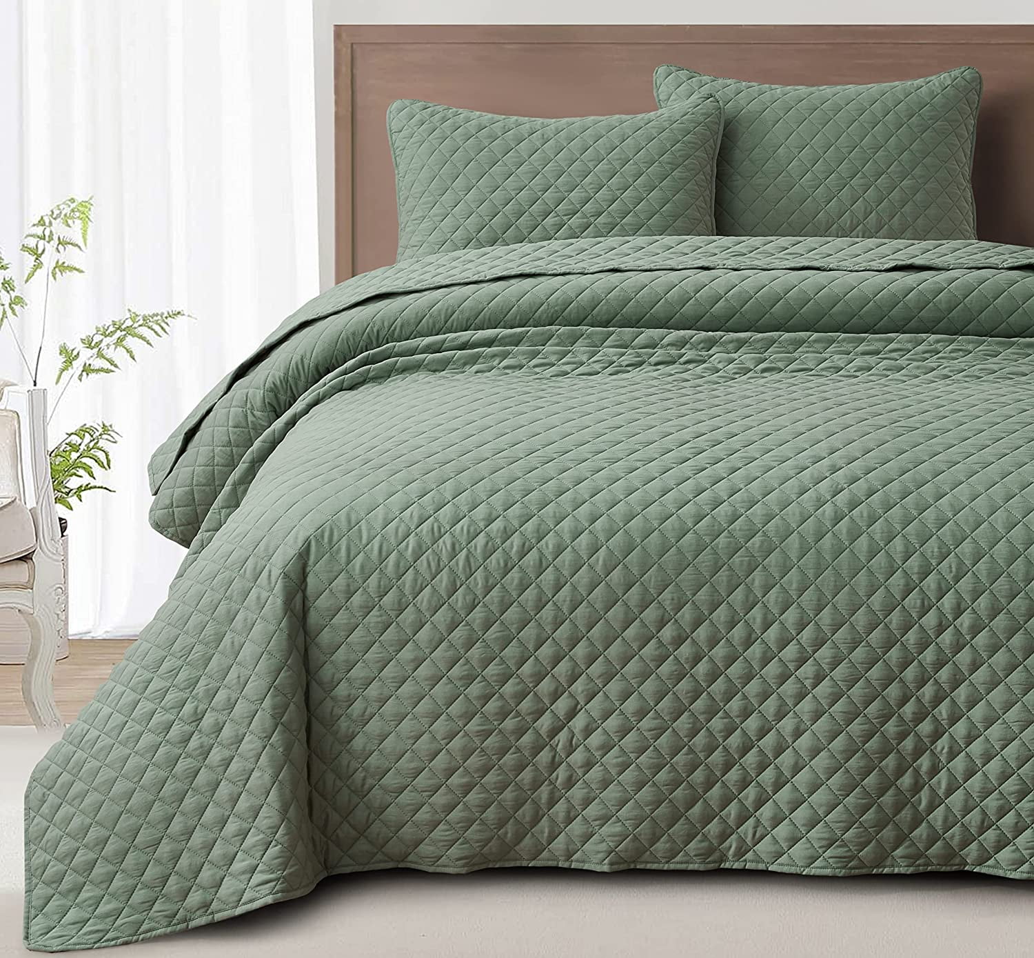 Juego De Cama Queen 7 Piezas Chezmoi Collection - Microfibra Lavada A La Piedra, Diseño Geométrico Sage Green