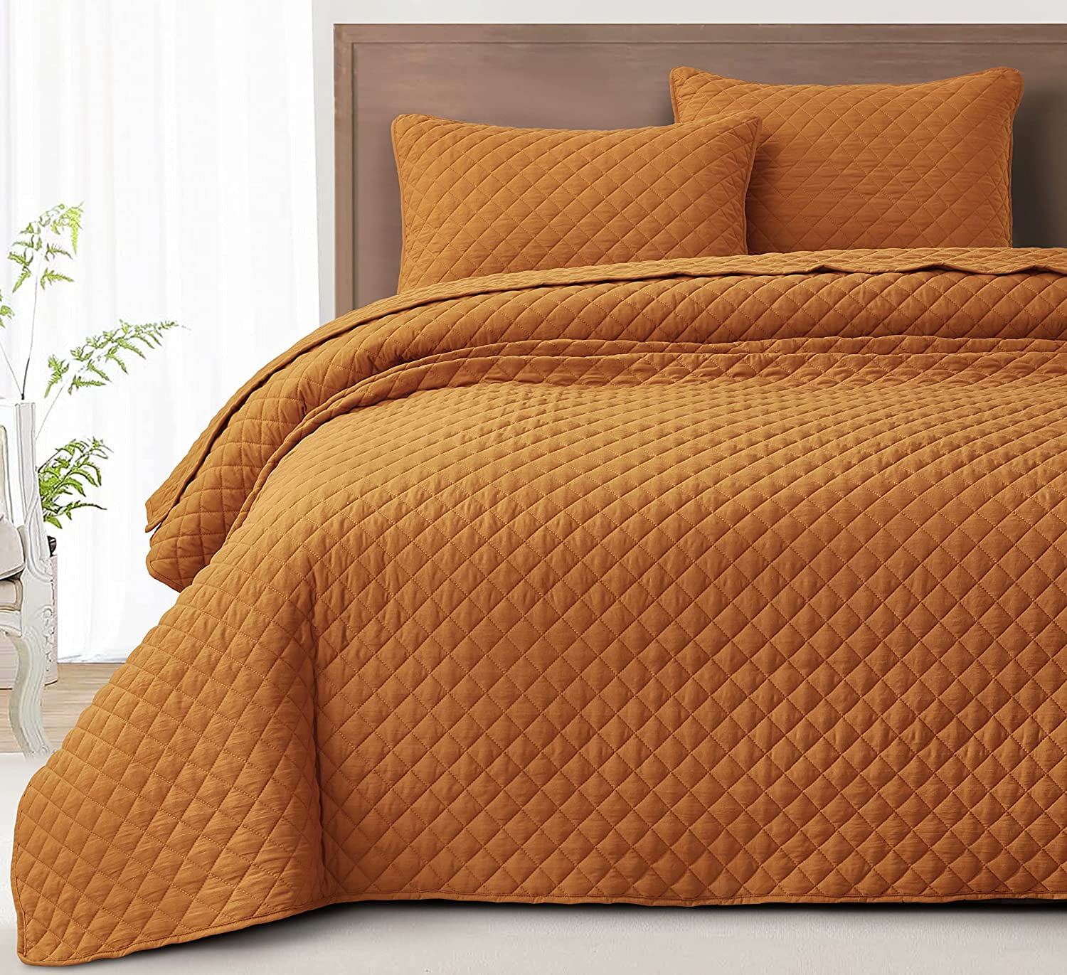 Chezmoi Collection Teo 3-Piece Spice Orange King Size Quilt Set - Diamond Stitched Lightweight Microfiber Bedspread Set Bedspread Set for All Seasons