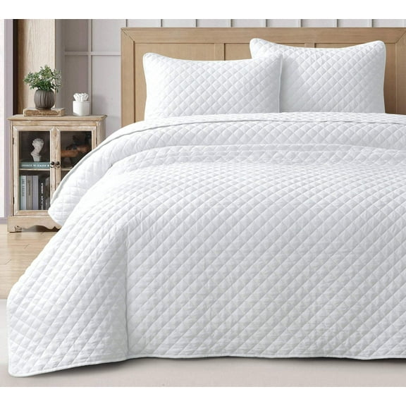 Chezmoi Collection Teo 3-Piece White Queen Size Quilt Set - Diamond Stitch Stone-Washed Super Soft Microfiber Lightweight Quilted Bedspread Coverlet Set for All Seasons