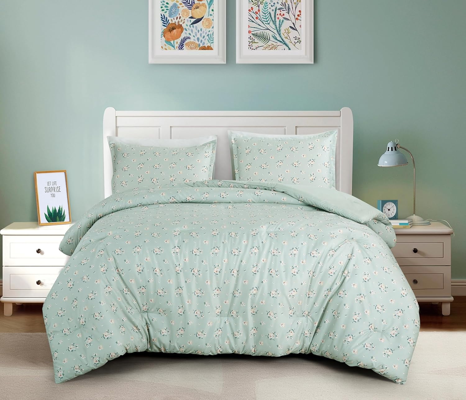 Chezmoi Collection Thistle 2-Piece Tranquil Floral Comforter Set Twin, Soft Green White Floral Printed Microfiber Lightweight Bedding Set for All season