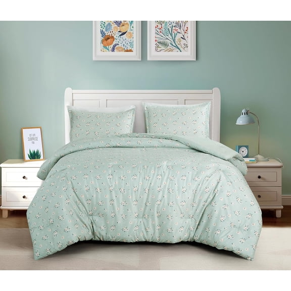Chezmoi Collection Thistle 2-Piece Tranquil Floral Comforter Set Twin, Soft Green White Floral Printed Microfiber Lightweight Bedding Set for All season
