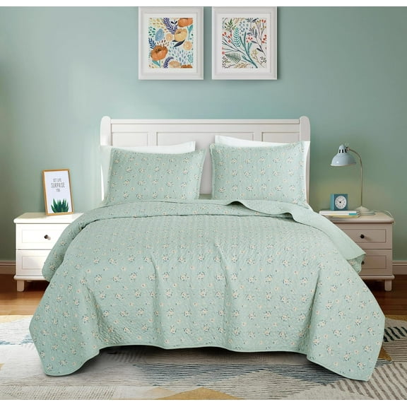 Chezmoi Collection Thistle 2-Piece Tranquil Floral Quilt Set Twin, Soft Green White Floral Printed Microfiber Lightweight Bedspread Set for All season