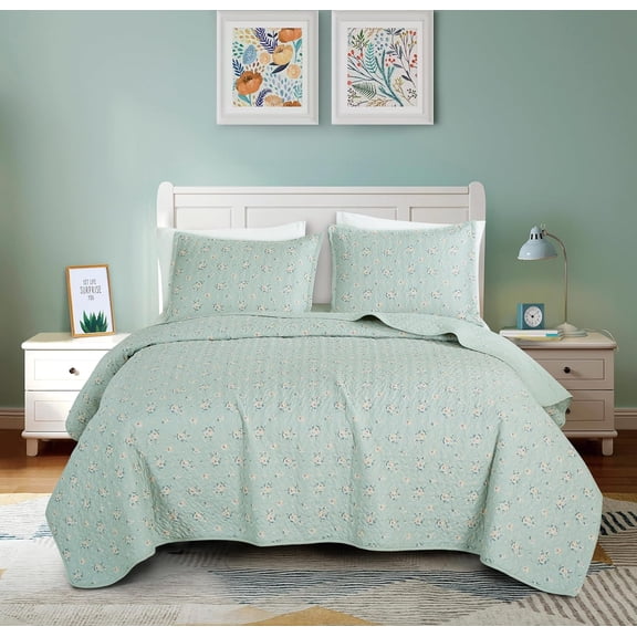 Chezmoi Collection Thistle 3-Piece Tranquil Floral Quilt Set Queen, Soft Green White Floral Printed Microfiber Lightweight Bedspread Set for All season