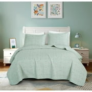 Chezmoi Collection Thistle 3-Piece Tranquil Floral Quilt Set Queen, Soft Green White Floral Printed Microfiber Lightweight Bedspread Set for All season