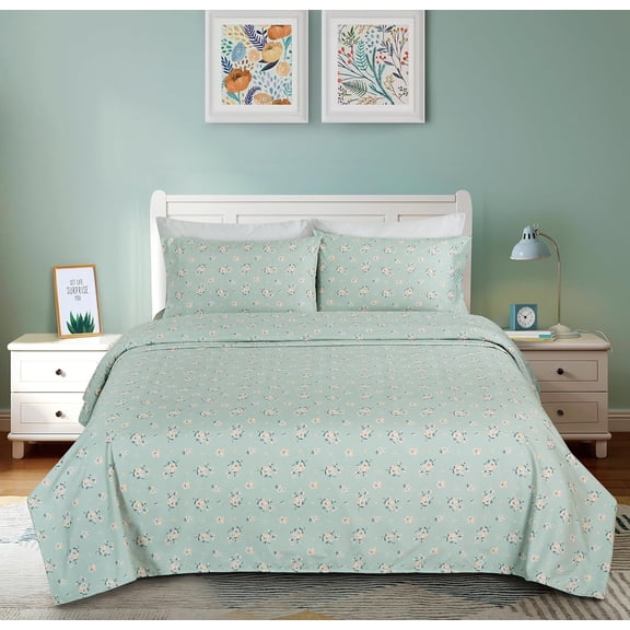 Chezmoi Collection Thistle 4-Piece Tranquil Floral Bed Sheet Set, Soft Green White Floral Printed Microfiber 14-Inches Deep Pocket Sheets & Pillowcases Set, California King