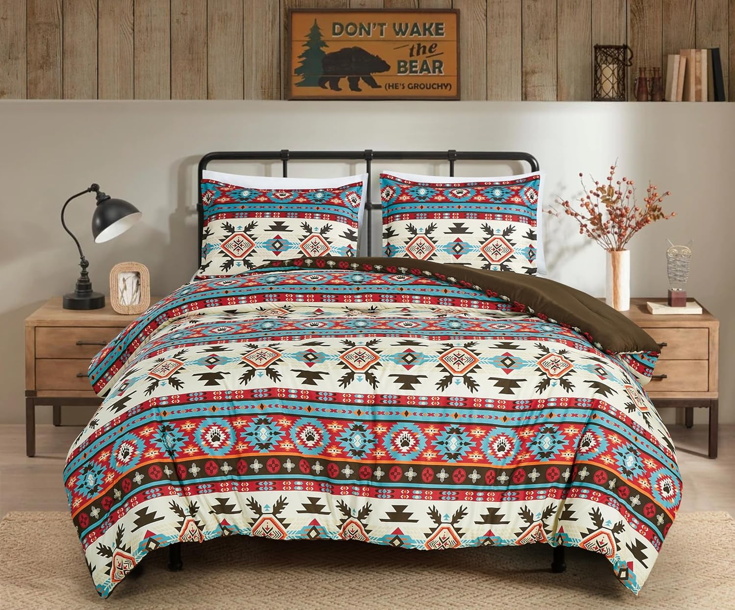 Chezmoi Collection Tona 2-Piece Southwestern Geometric Motif Comforter Set, Multicolor Red Brown Blue Cream Printed Washed Microfiber Bedding, Twin