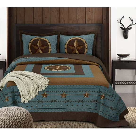Chezmoi Collection Tucson 3-Piece Pre-Washed Rustic Western Star Oversized Bedspread Set King Size Turquoise Cabin Lodge Coverlet Quilt Set