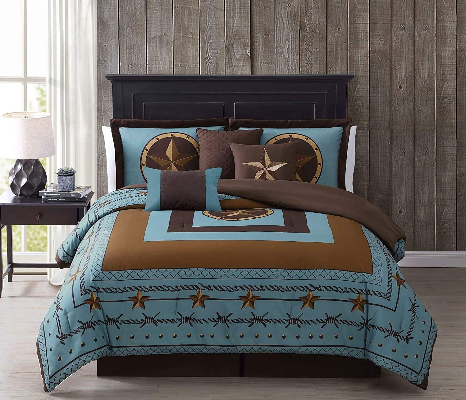 Chezmoi Collection Tulsa 7-Piece Western Star Lodge Printed Comforter Set, California King, Turquoise Brown
