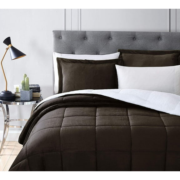 Chezmoi Collection Ultra-Soft Micromink Sherpa King Size Comforter Set with 2 Pillow Shams, Reversible Plush Bedding Comforter 3-Piece, Chocolate