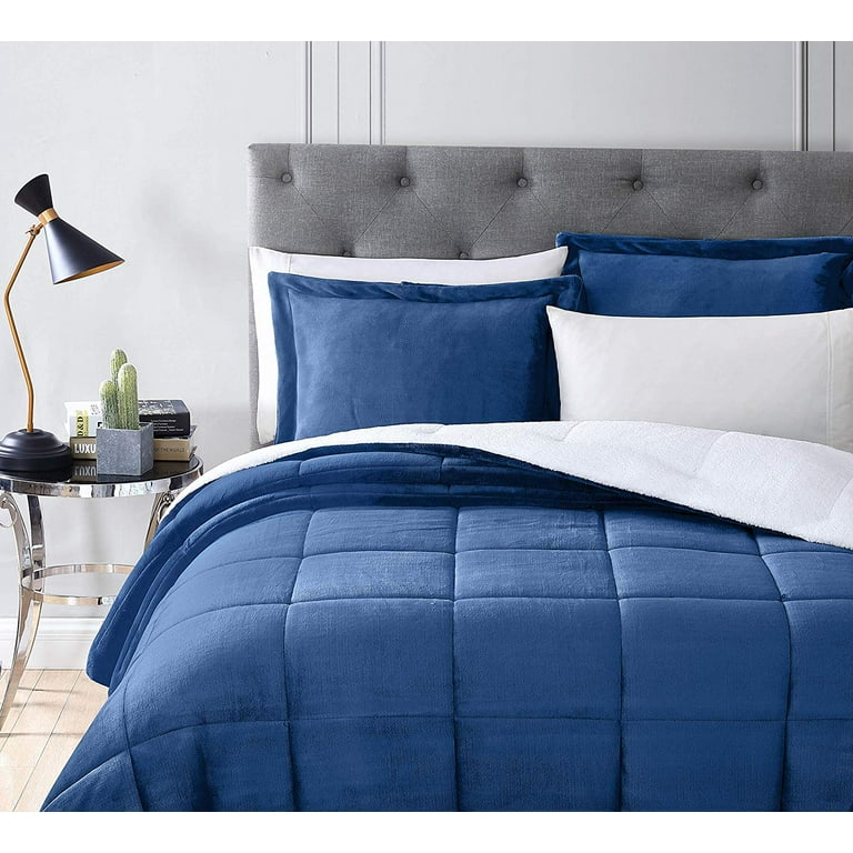 Chezmoi Collection Ultra Soft Micromink Sherpa King Size Comforter Set with 2 Pillow Shams Reversible Plush Bedding Comforter 3 Piece Navy