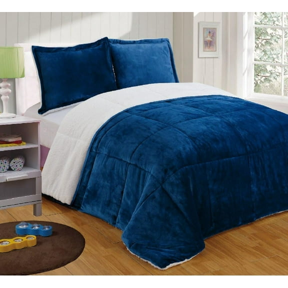 Chezmoi Collection Ultra-Soft Micromink Sherpa King Size Comforter Set with 2 Pillow Shams, Reversible Plush Bedding Comforter 3-Piece, Navy