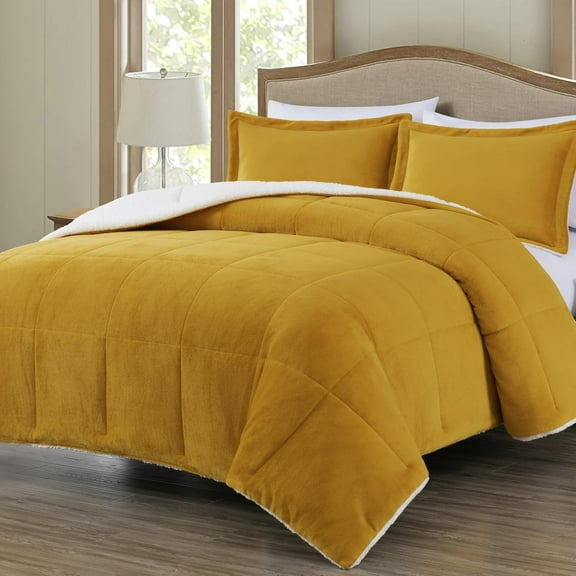 Chezmoi Collection Ultra-Soft Micromink Sherpa Queen Size Comforter Set with 2 Pillow Shams, Reversible Plush Bedding Comforter 3-Piece, Mustard Yellow