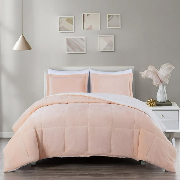 Chezmoi Collection Ultra-Soft Micromink Sherpa Queen Size Comforter Set with 2 Pillow Shams, Reversible Plush Bedding Comforter 3-Piece, Blush