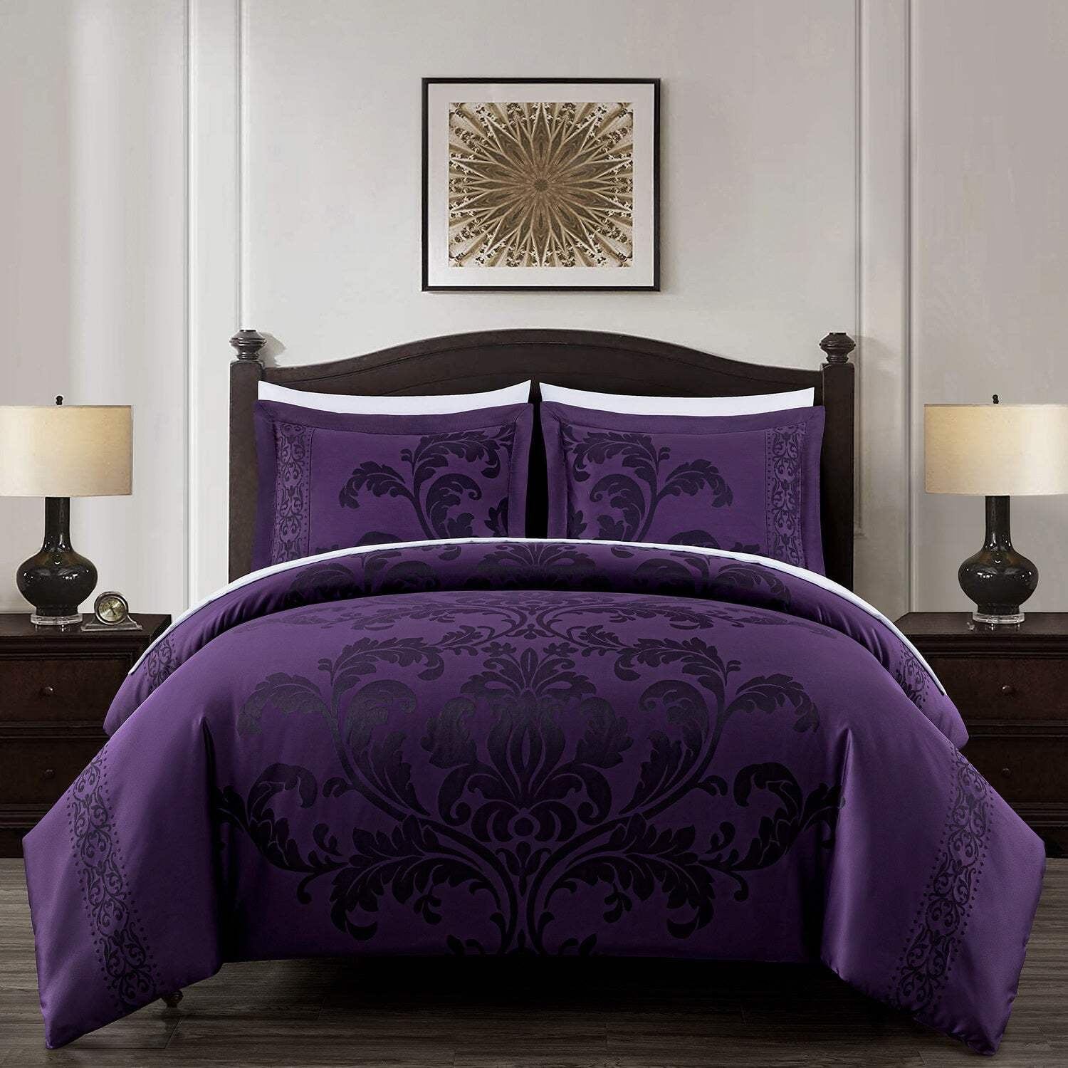 California King Purple Jacquard Floral Microfiber Bed Set