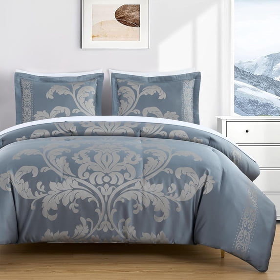 Chezmoi Collection Valor 7-Piece Bed in a Bag King, Grayish Blue/Gray Luxury Jacquard Floral Comforter with Sheets Set for All Season