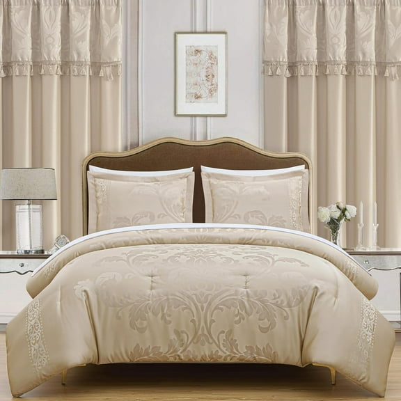Chezmoi Collection Valor 7-Piece Bed in a Bag Queen, Champagne Luxury Jacquard Floral Comforter with Sheets Set for All Season