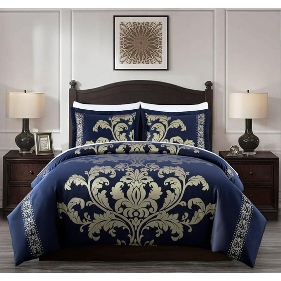 Chezmoi Collection Valor 7-Piece Bed in a Bag Queen, Navy/Gold Luxury Jacquard Floral Comforter with Sheets Set for All Season