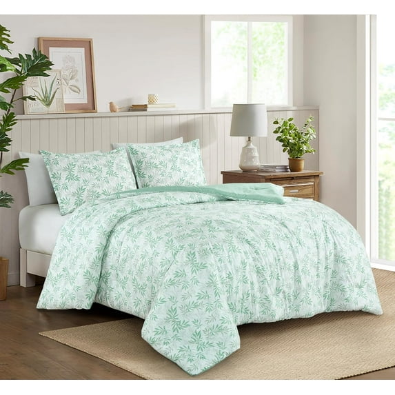 Chezmoi Collection Venus 2-Piece Floral Leaves Comforter Set Twin, Green White Leaves Printed Microfiber Lightweight Bedding Set for All season