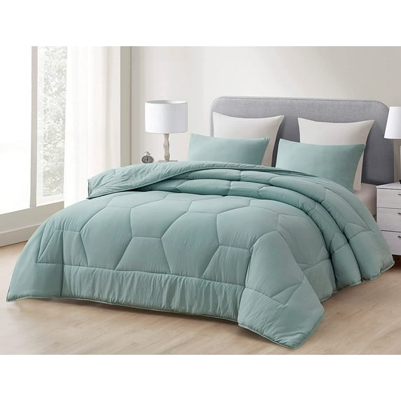 Chezmoi Collection Vero Aqua Comforter Set Queen Size 3-Piece Fluffy Soft Lightweight Bedding Honeycomb Geometric Stone-Washed Microfiber Comforter Set for All Season