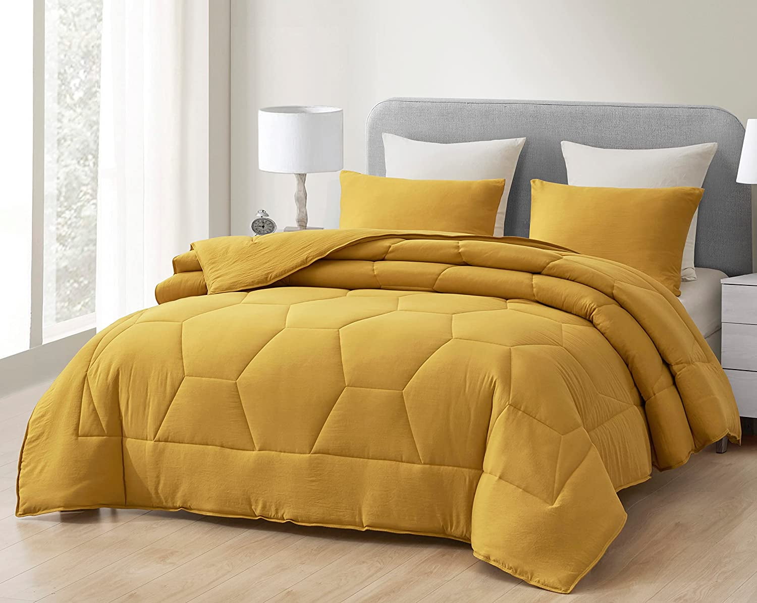 Chezmoi Collection Vero Mustard Yellow Comforter Set Queen Size 3Piece