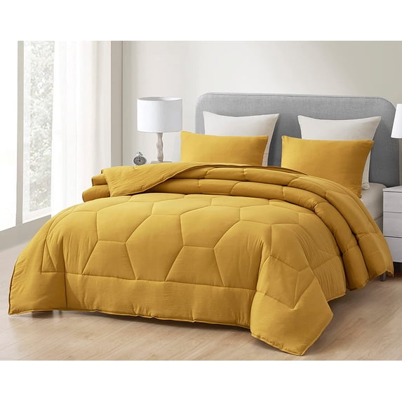 Chezmoi Collection Vero Mustard Yellow Comforter Set Queen Size 3-Piece Fluffy Soft Lightweight Bedding Honeycomb Geometric Stone-Washed Microfiber Comforter Set for All Season