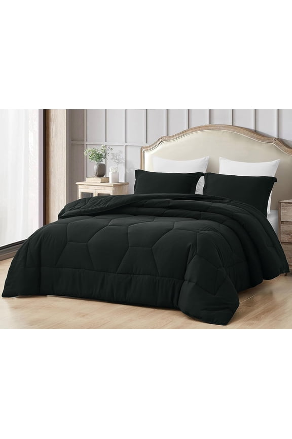 Vero Black Comforter Set Queen Size 3-Piece Fluffy Soft Lightweight Bedding Honeycomb Geometric Stone-Washed Microfiber Comforter Set for All Season