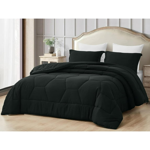 Chezmoi Collection Vero Black Comforter Set Queen Size 3-Piece Fluffy Soft Lightweight Bedding Honeycomb Geometric Stone-Washed Microfiber Comforter Set for All Season
