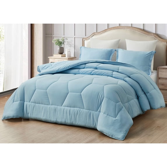 Chezmoi Collection Vero Chambray Blue Comforter Set Oversized Queen Size 3-Piece Fluffy Soft Lightweight Bedding Honeycomb Geometric Stone-Washed Microfiber Comforter Set for All Season