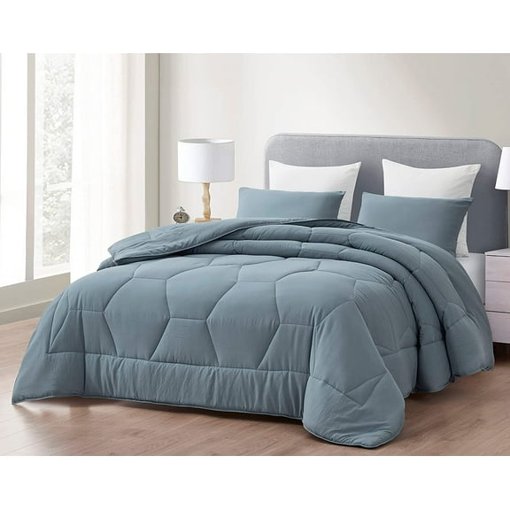 Chezmoi Collection Vero Dusty Blue Comforter Set Queen Size 3-Piece Fluffy Soft Lightweight Bedding Honeycomb Geometric Stone-Washed Microfiber Comforter Set for All Season