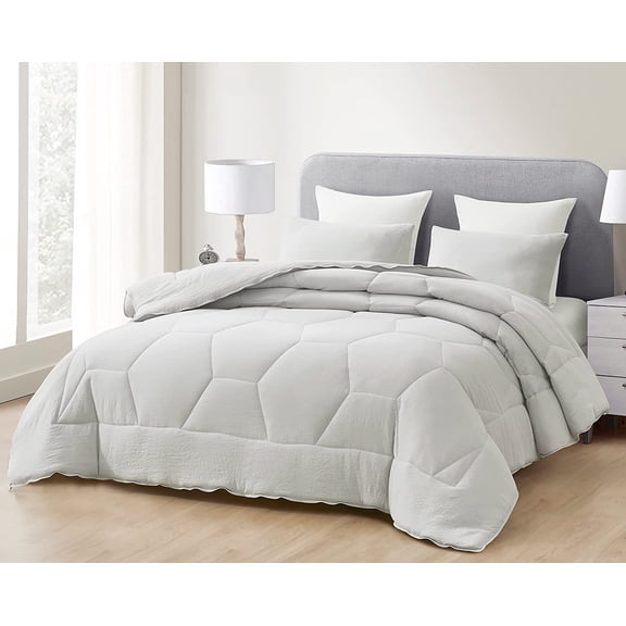Chezmoi Collection Vero Light Gray Comforter Set Twin Size 3-Piece Fluffy Soft Lightweight Bedding Honeycomb Geometric Stone-Washed Microfiber Comforter Set for All Season