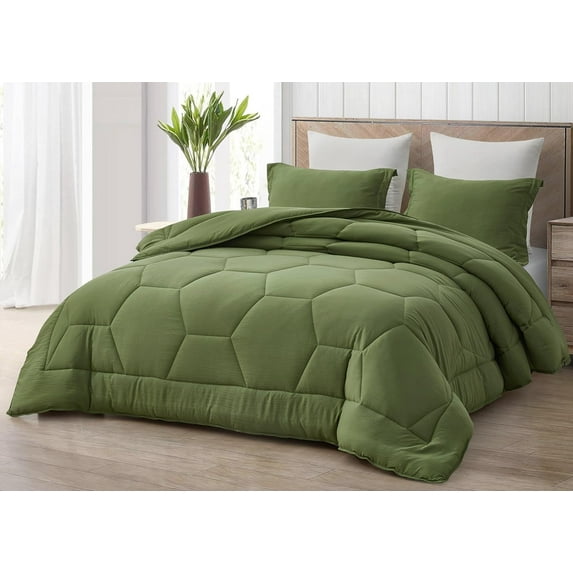 Chezmoi Collection Vero Olive Green Comforter Set Oversized King Size 3-Piece Fluffy Soft Lightweight Bedding Honeycomb Geometric Stone-Washed Microfiber Comforter Set for All Season